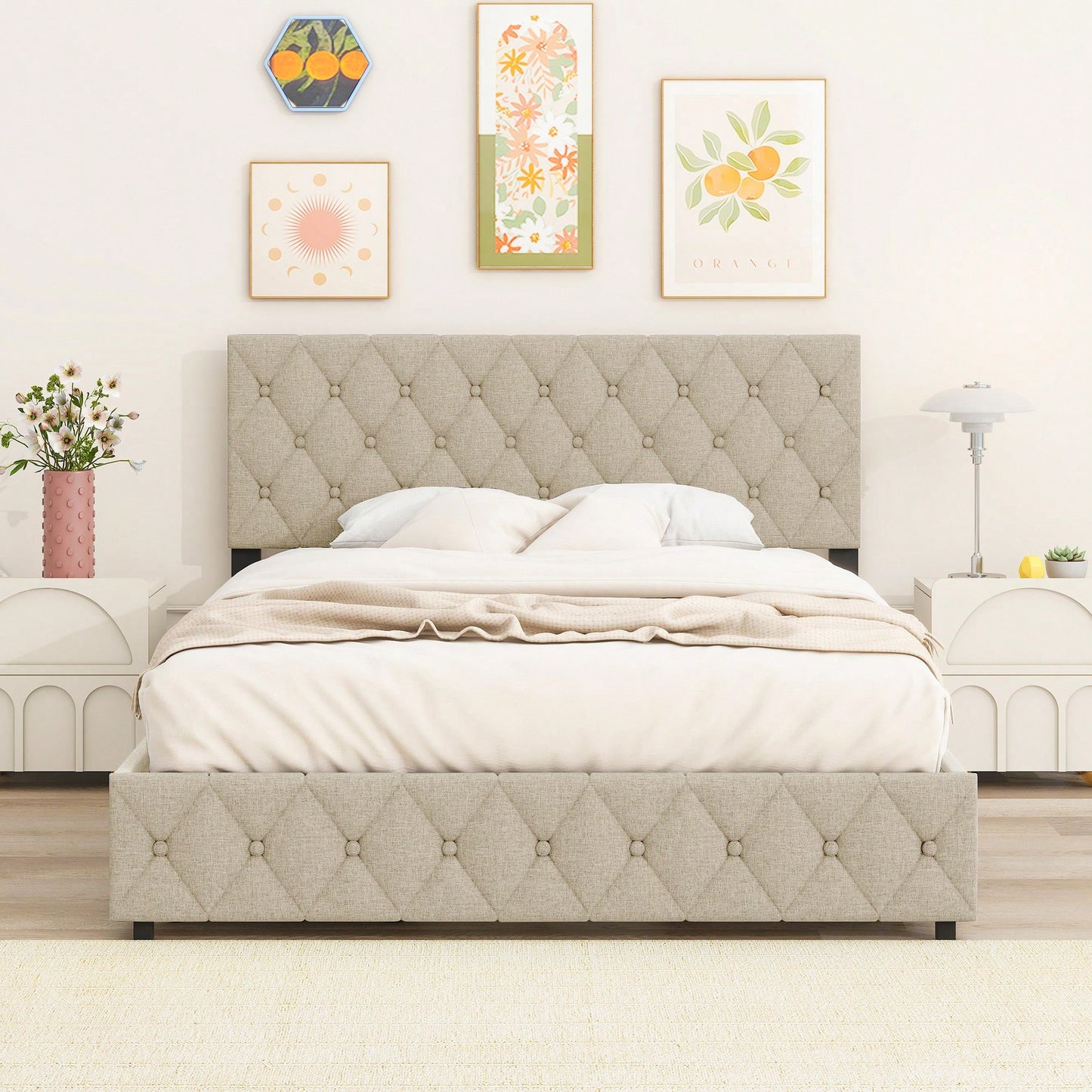 Queen Size Upholstered Platform Bed Frame with Storage Drawers Adjustable Linen Headboard Easy Assembly Light Beige