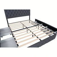 Queen Size Upholstered Platform Bed Frame with Storage Drawers Adjustable Linen Headboard Easy Assembly Light Beige