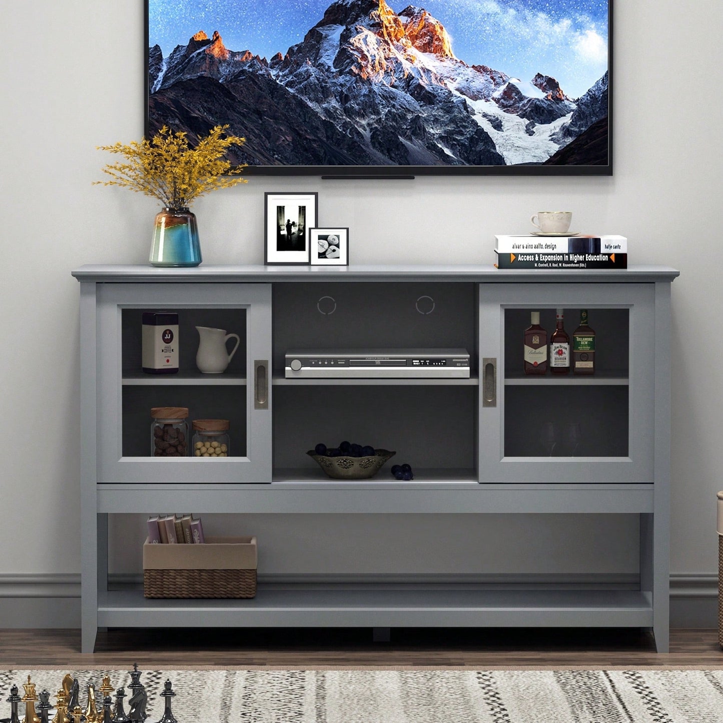 Stylish Grey Sideboard Buffet Table With Storage Doors For Elegant Dining And Living Spaces