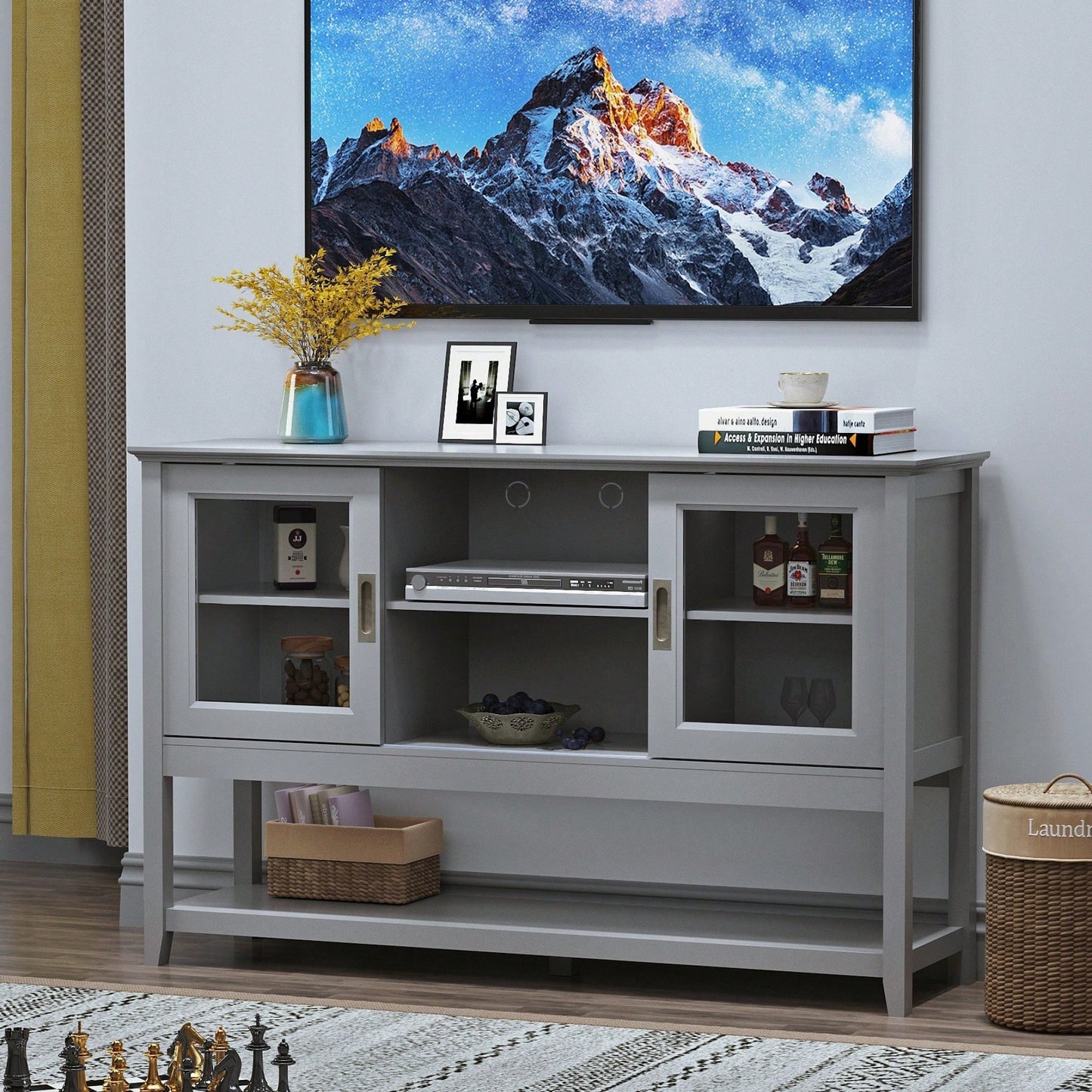 Stylish Grey Sideboard Buffet Table With Storage Doors For Elegant Dining And Living Spaces