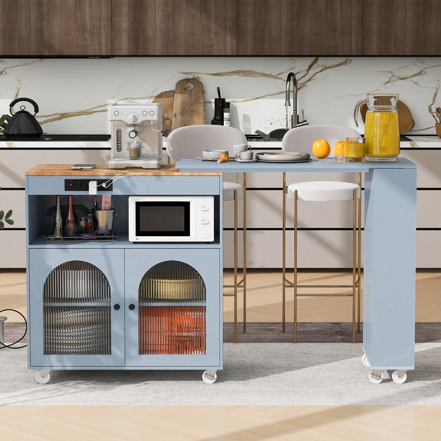 Versatile Grey Rolling Kitchen Island with Extended Table LED Lights Power Outlets Storage Compartment and Open Shelves