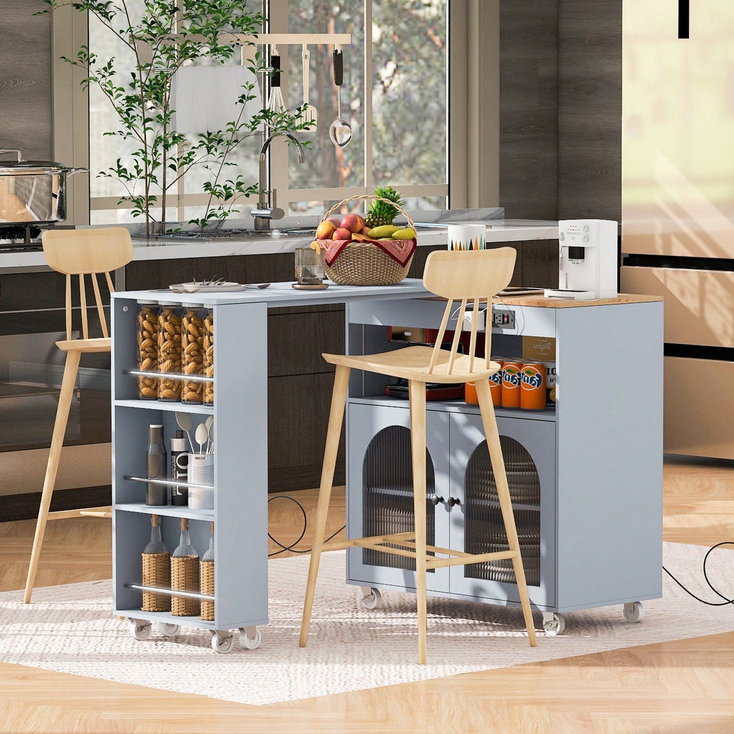 Versatile Grey Rolling Kitchen Island with Extended Table LED Lights Power Outlets Storage Compartment and Open Shelves