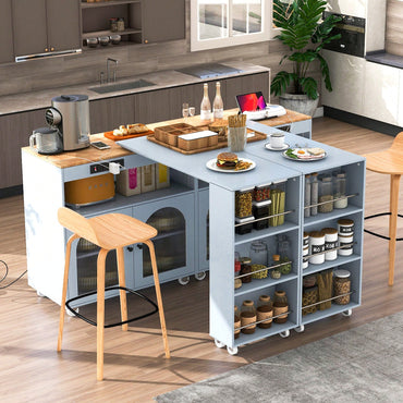 Versatile Grey Rolling Kitchen Island with Extended Table LED Lights Power Outlets Storage Compartment and Open Shelves