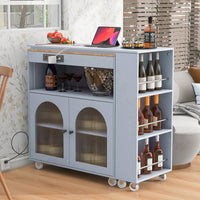 Versatile Grey Rolling Kitchen Island with Extended Table LED Lights Power Outlets Storage Compartment and Open Shelves