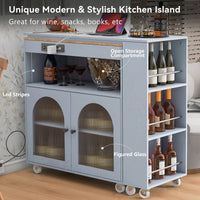 Versatile Grey Rolling Kitchen Island with Extended Table LED Lights Power Outlets Storage Compartment and Open Shelves