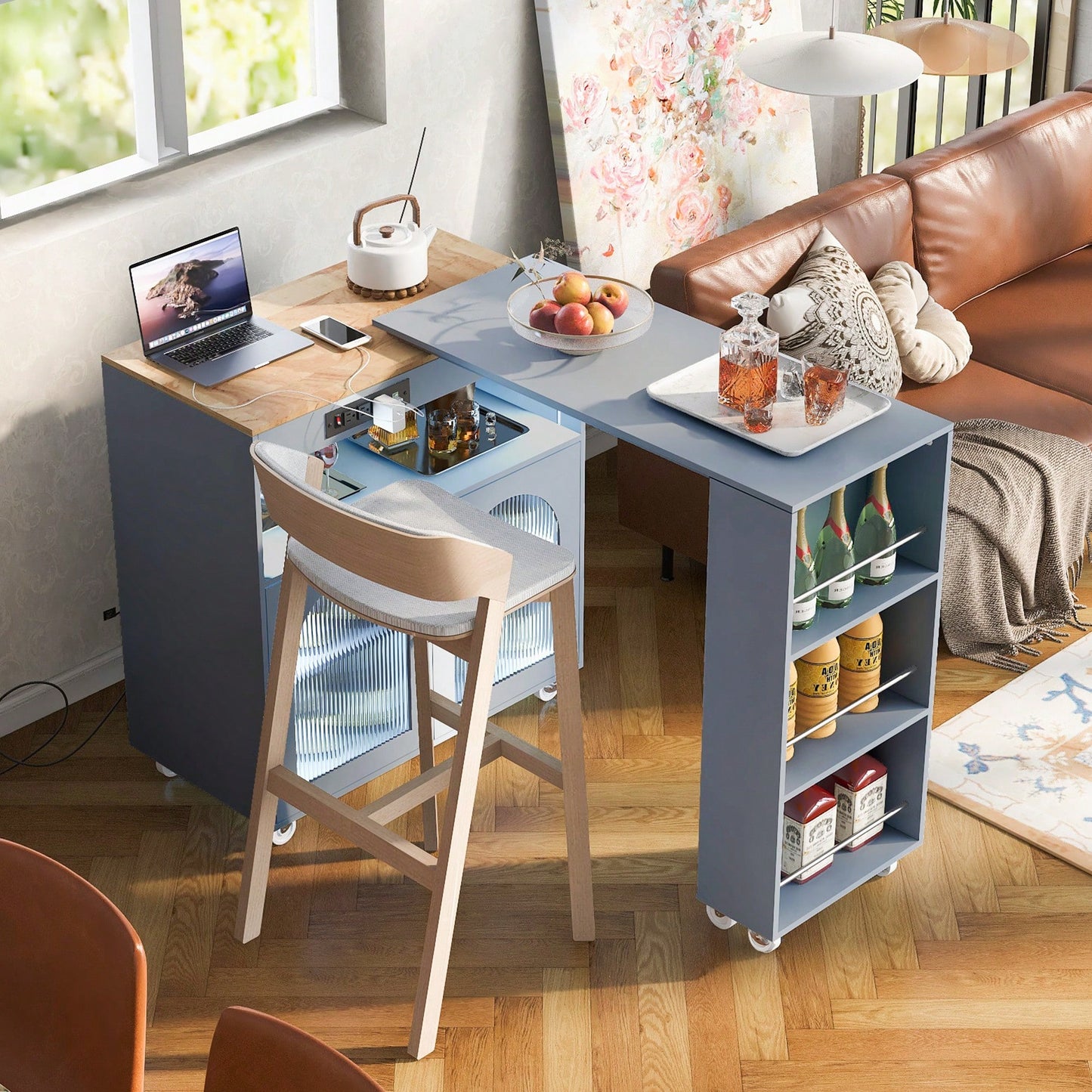 Versatile Grey Rolling Kitchen Island with Extended Table LED Lights Power Outlets Storage Compartment and Open Shelves