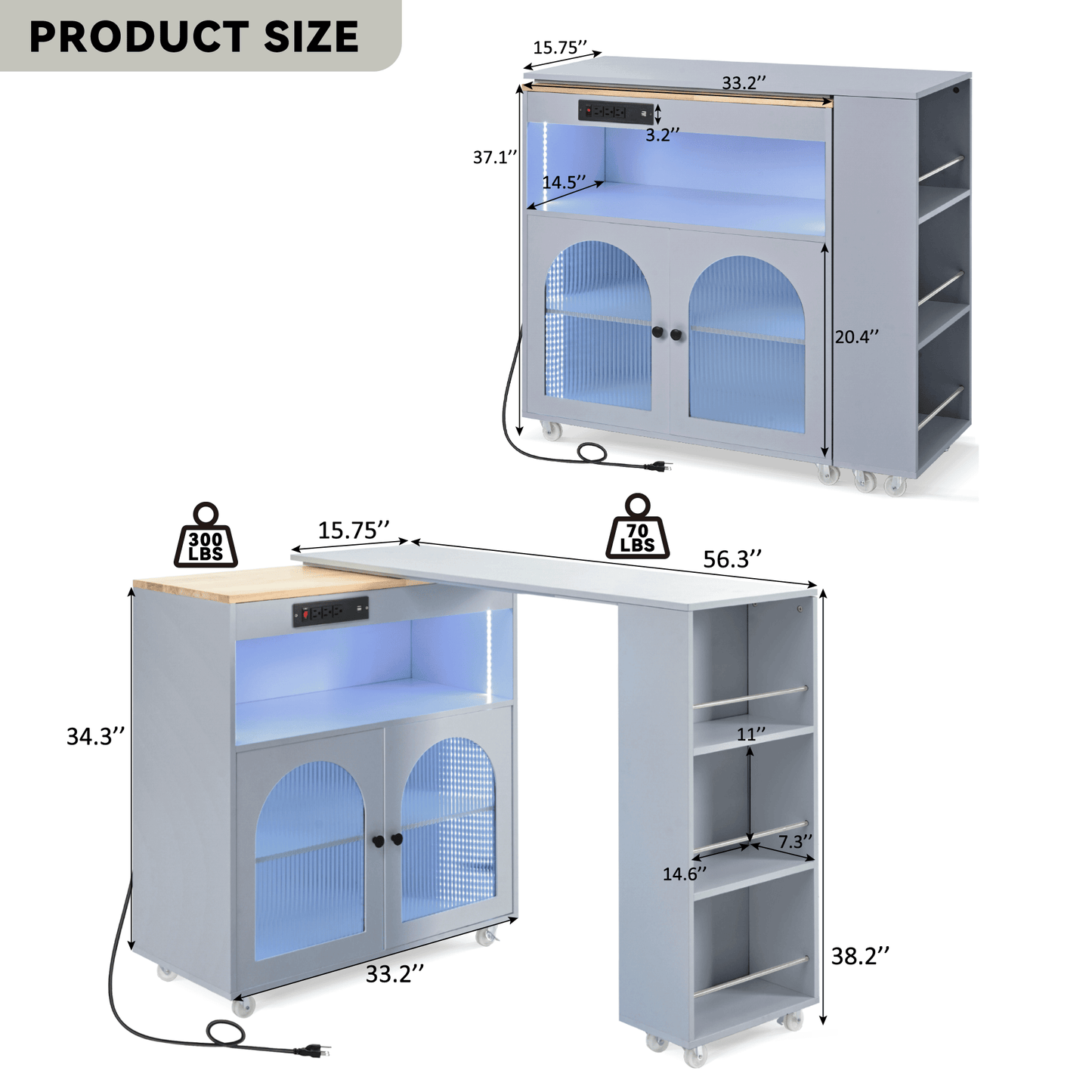 Versatile Grey Rolling Kitchen Island with Extended Table LED Lights Power Outlets Storage Compartment and Open Shelves