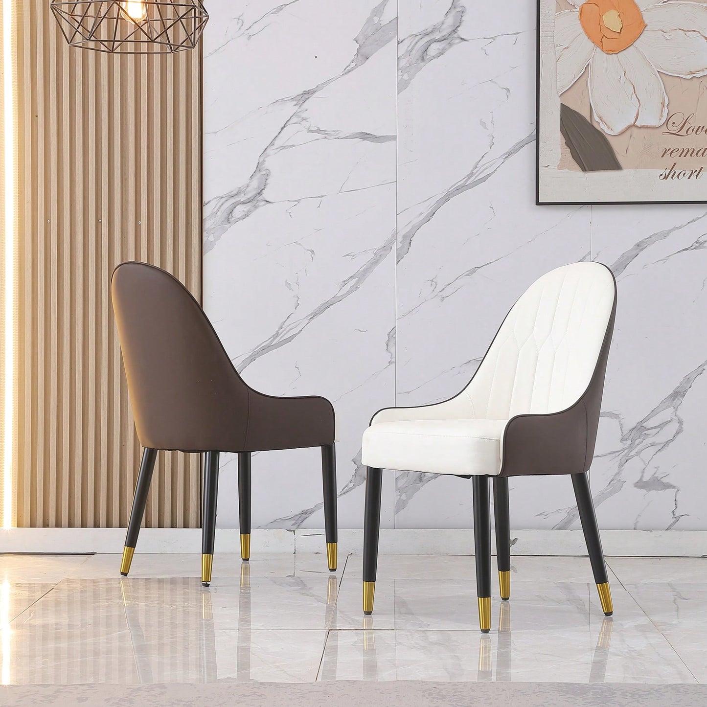 Elegant PU Leather Dining Chairs In White With Chic Brown Metal Legs - Set Of 2
