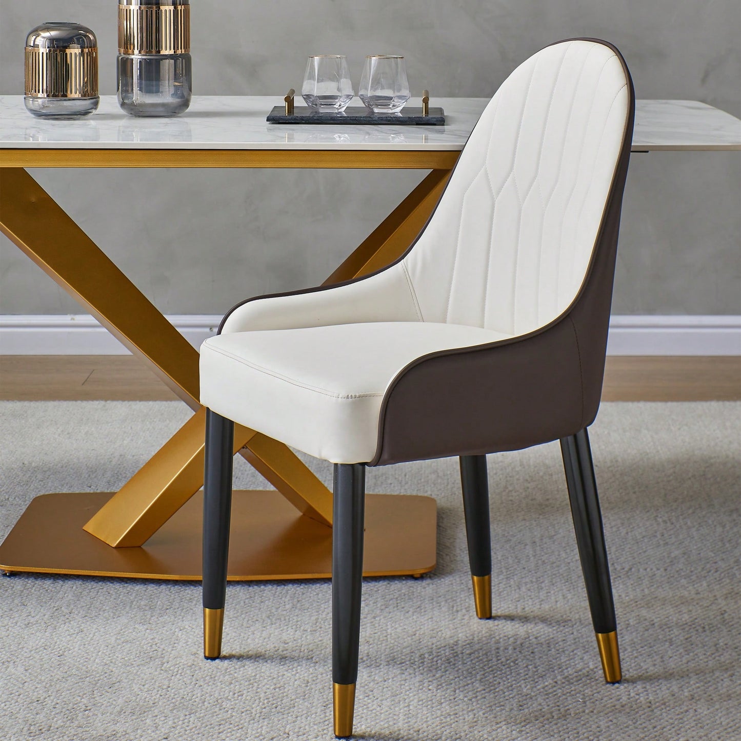 Elegant PU Leather Dining Chairs In White With Chic Brown Metal Legs - Set Of 2