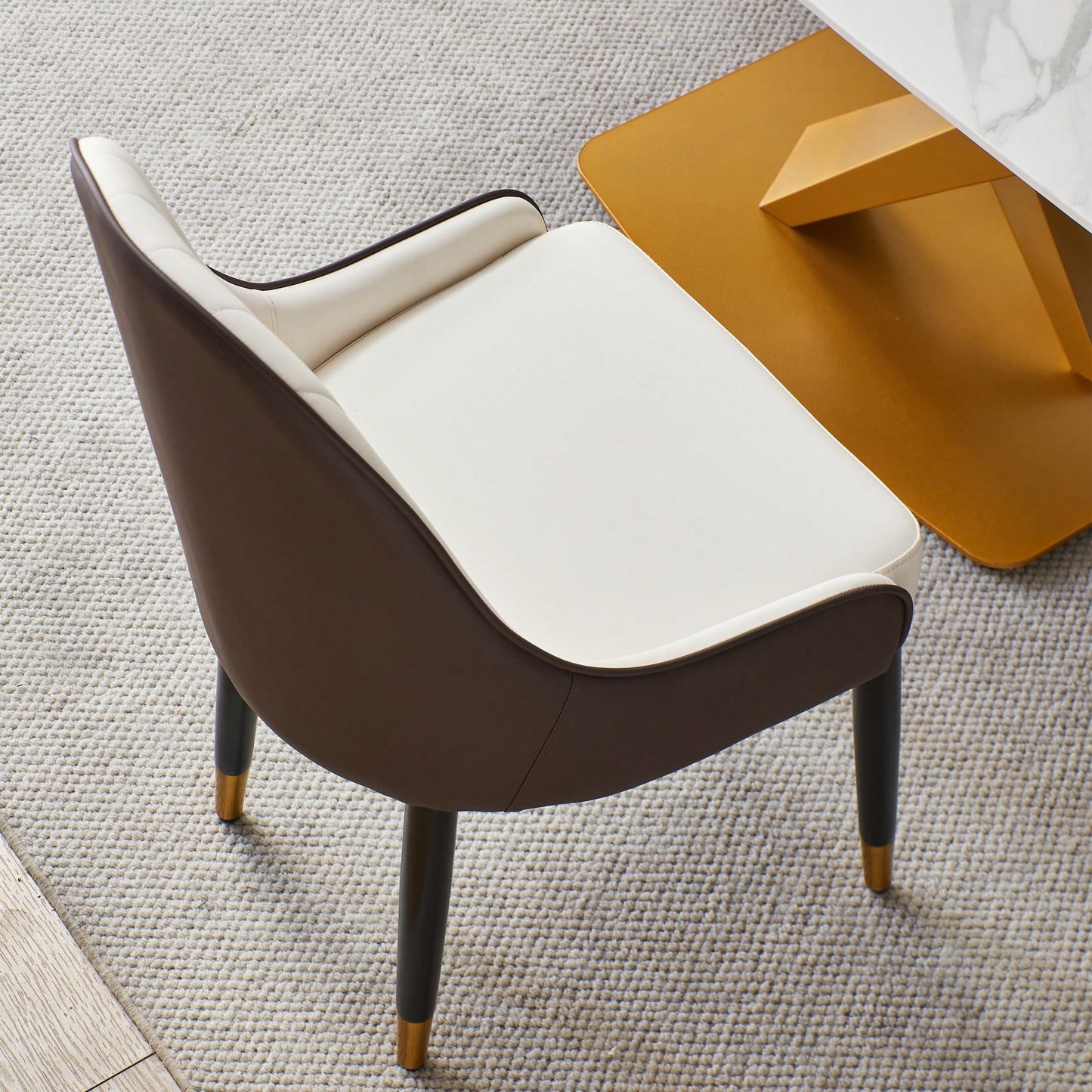 Elegant PU Leather Dining Chairs In White With Chic Brown Metal Legs - Set Of 2
