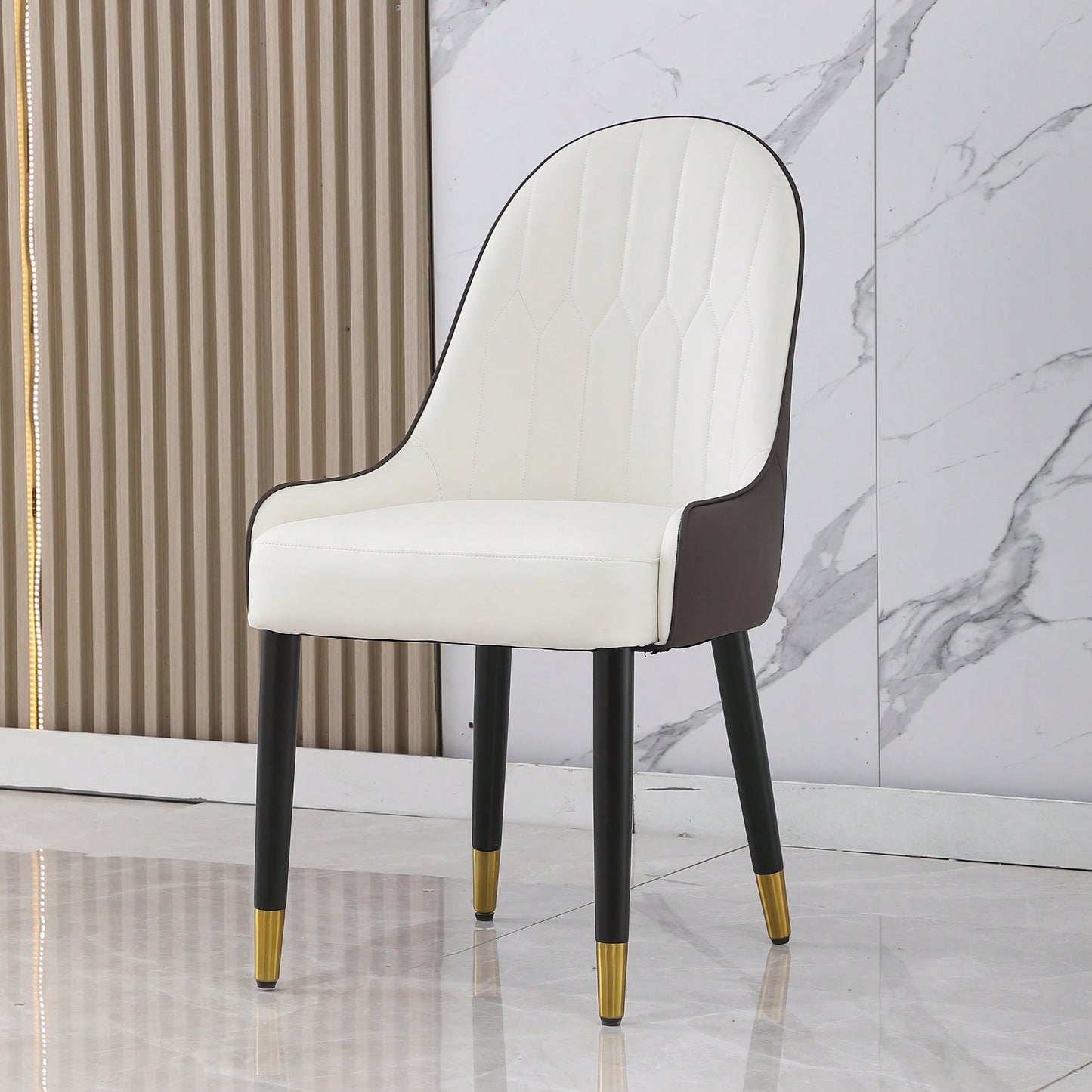 Elegant PU Leather Dining Chairs In White With Chic Brown Metal Legs - Set Of 2