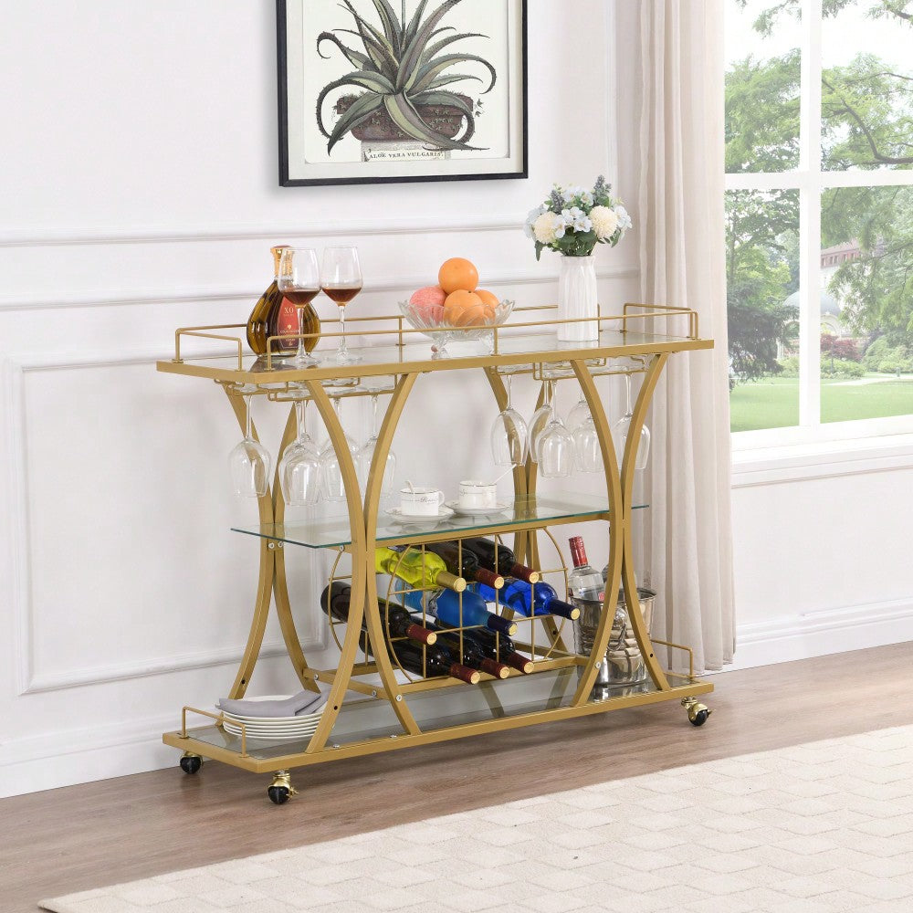 Elegant Wine Cart With Tempered Glass Top And Metal Frame For Stylish Wine Storage