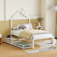 Stylish Twin Size Metal Platform Bed With Storage Drawers And House-Shaped Headboard In White