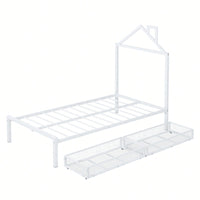 Stylish Twin Size Metal Platform Bed With Storage Drawers And House-Shaped Headboard In White