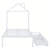 Stylish Twin Size Metal Platform Bed With Storage Drawers And House-Shaped Headboard In White