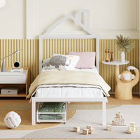 Stylish Twin Size Metal Platform Bed With Storage Drawers And House-Shaped Headboard In White