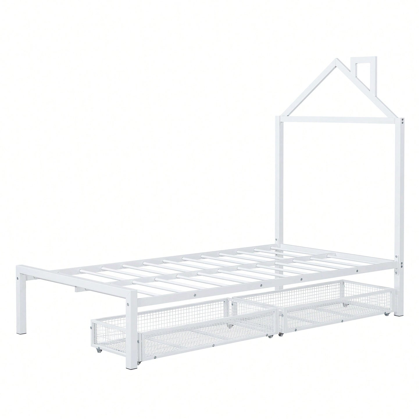 Stylish Twin Size Metal Platform Bed With Storage Drawers And House-Shaped Headboard In White