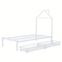 Stylish Twin Size Metal Platform Bed With Storage Drawers And House-Shaped Headboard In White