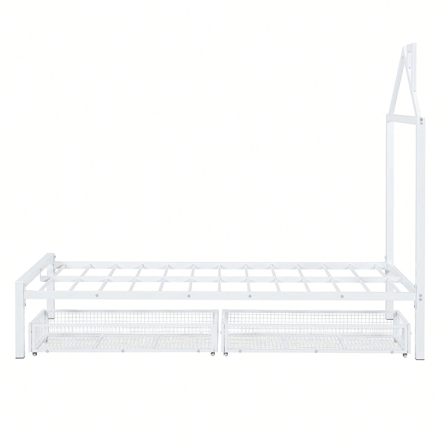 Stylish Twin Size Metal Platform Bed With Storage Drawers And House-Shaped Headboard In White