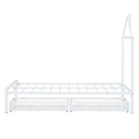 Stylish Twin Size Metal Platform Bed With Storage Drawers And House-Shaped Headboard In White