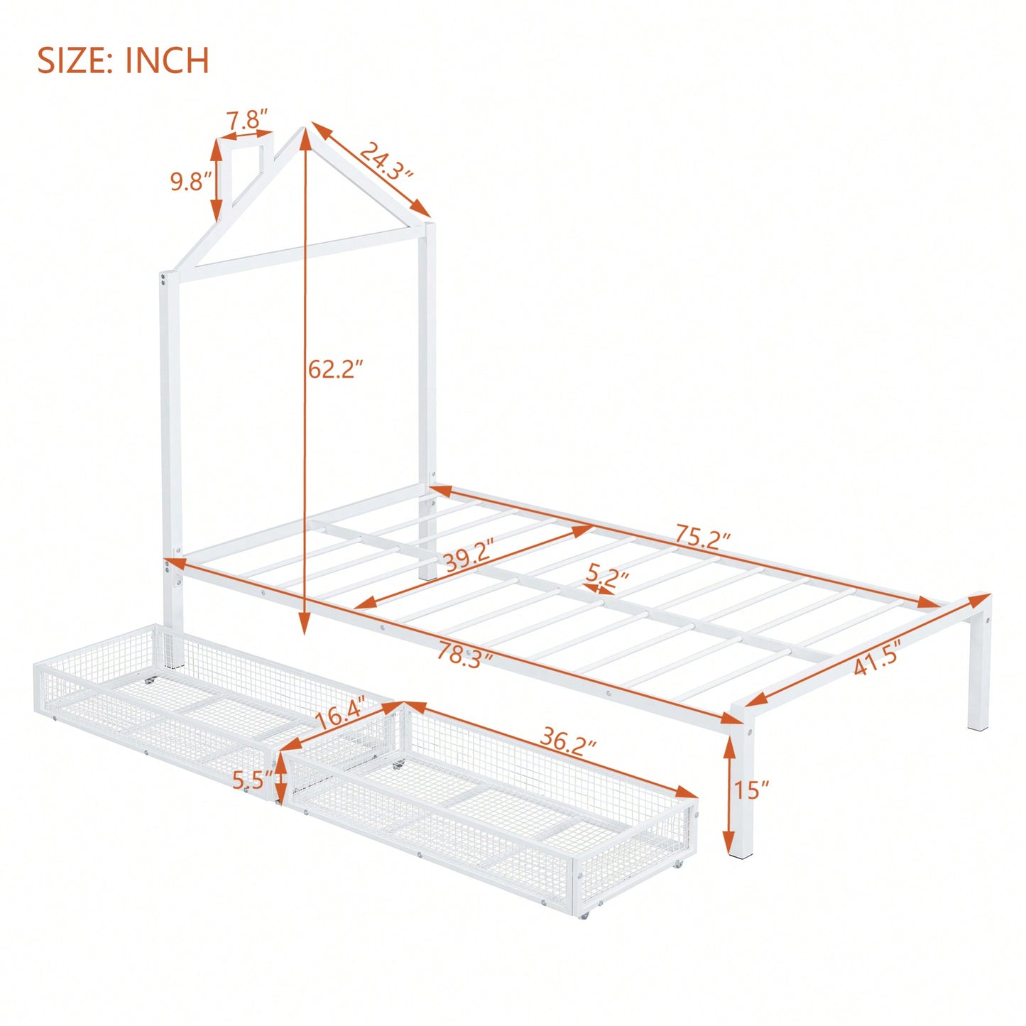 Stylish Twin Size Metal Platform Bed With Storage Drawers And House-Shaped Headboard In White