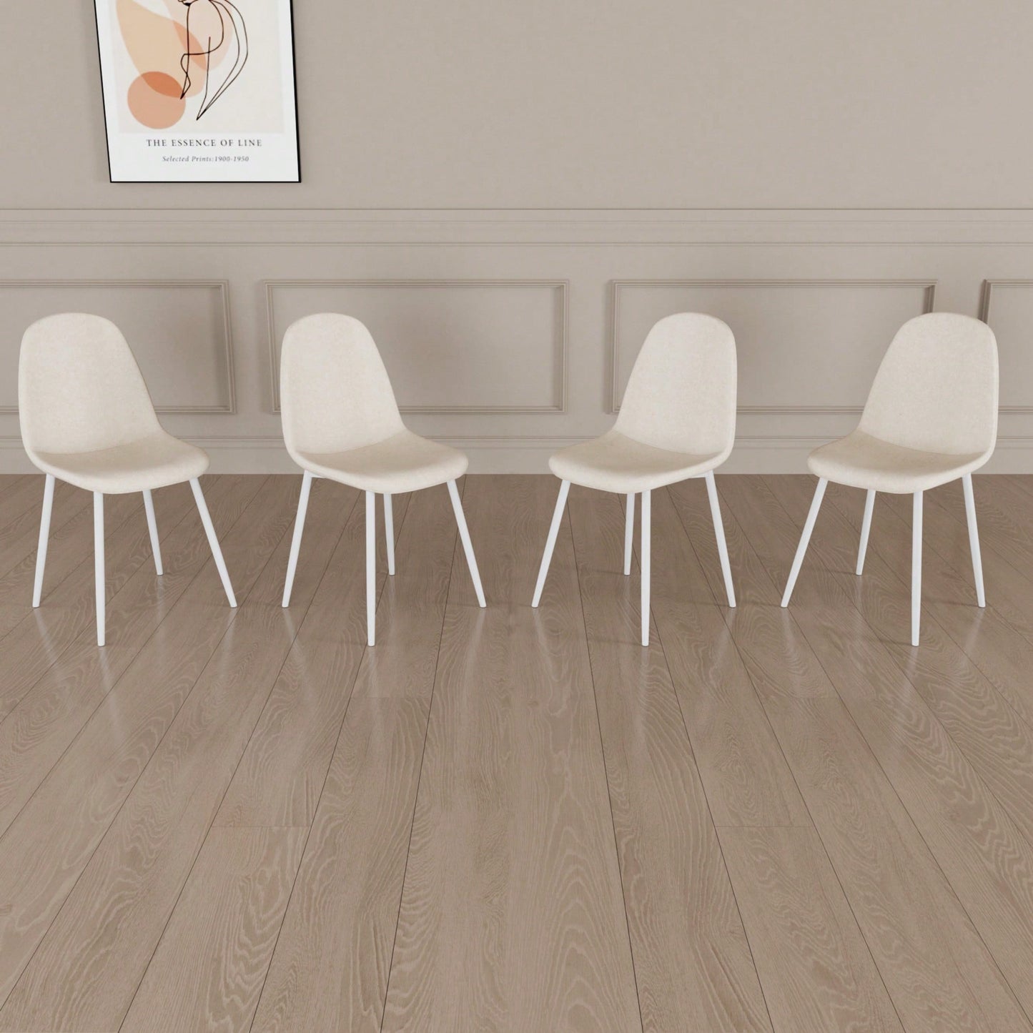 Set Of 4 Modern Linen Upholstered Dining Chairs With Spoon Shape Design And White Metal Legs For Stylish Kitchen And Dining Room (Beige)