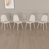 Set Of 4 Modern Linen Upholstered Dining Chairs With Spoon Shape Design And White Metal Legs For Stylish Kitchen And Dining Room (Beige)