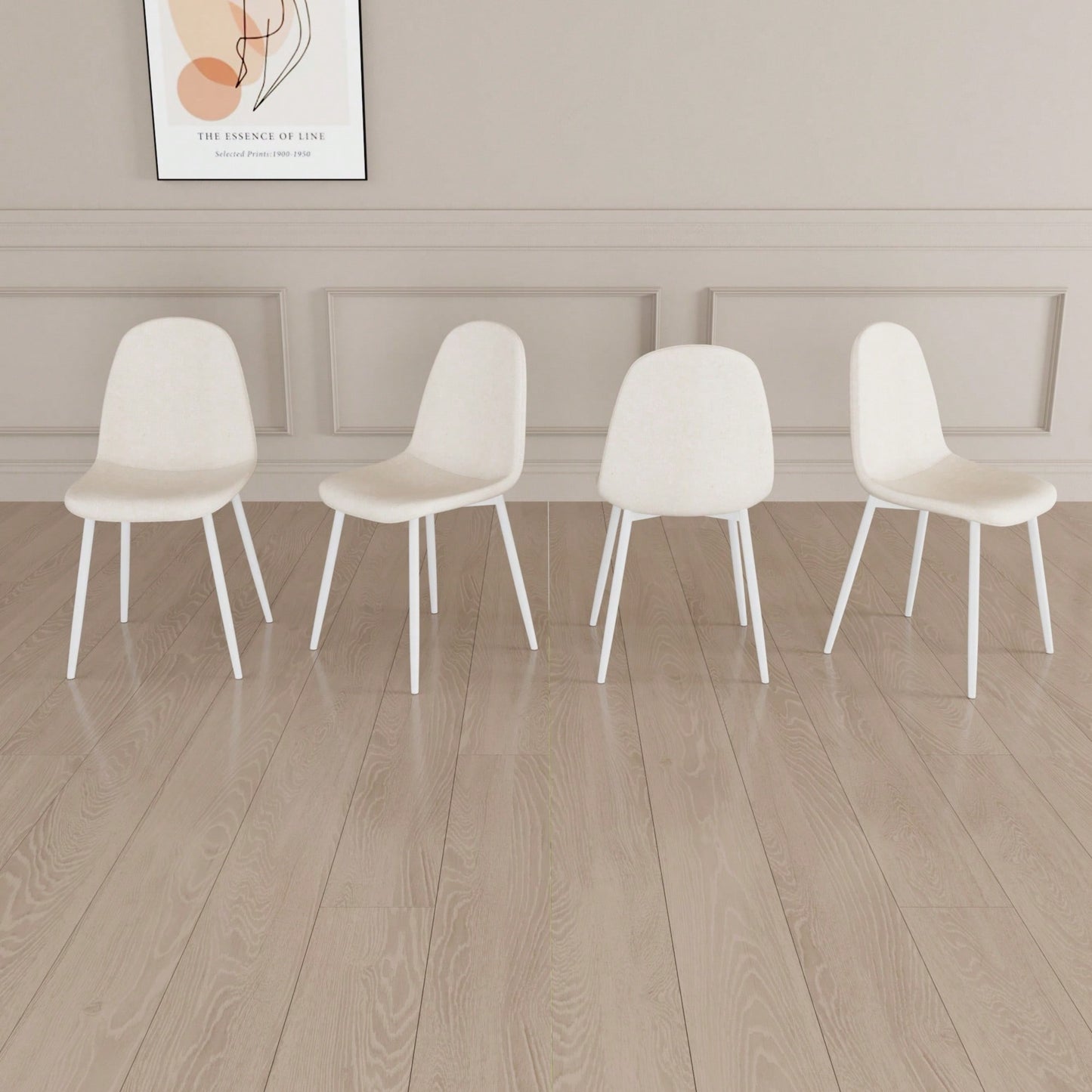 Set Of 4 Modern Linen Upholstered Dining Chairs With Spoon Shape Design And White Metal Legs For Stylish Kitchen And Dining Room (Beige)