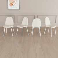 Set Of 4 Modern Linen Upholstered Dining Chairs With Spoon Shape Design And White Metal Legs For Stylish Kitchen And Dining Room (Beige)