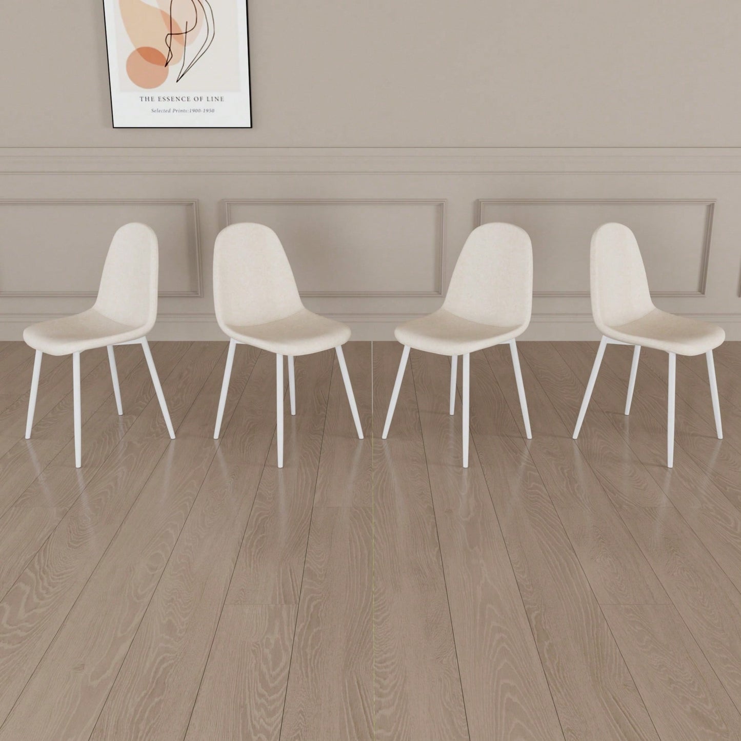 Set Of 4 Modern Linen Upholstered Dining Chairs With Spoon Shape Design And White Metal Legs For Stylish Kitchen And Dining Room (Beige)