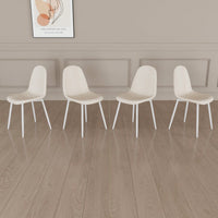 Set Of 4 Modern Linen Upholstered Dining Chairs With Spoon Shape Design And White Metal Legs For Stylish Kitchen And Dining Room (Beige)