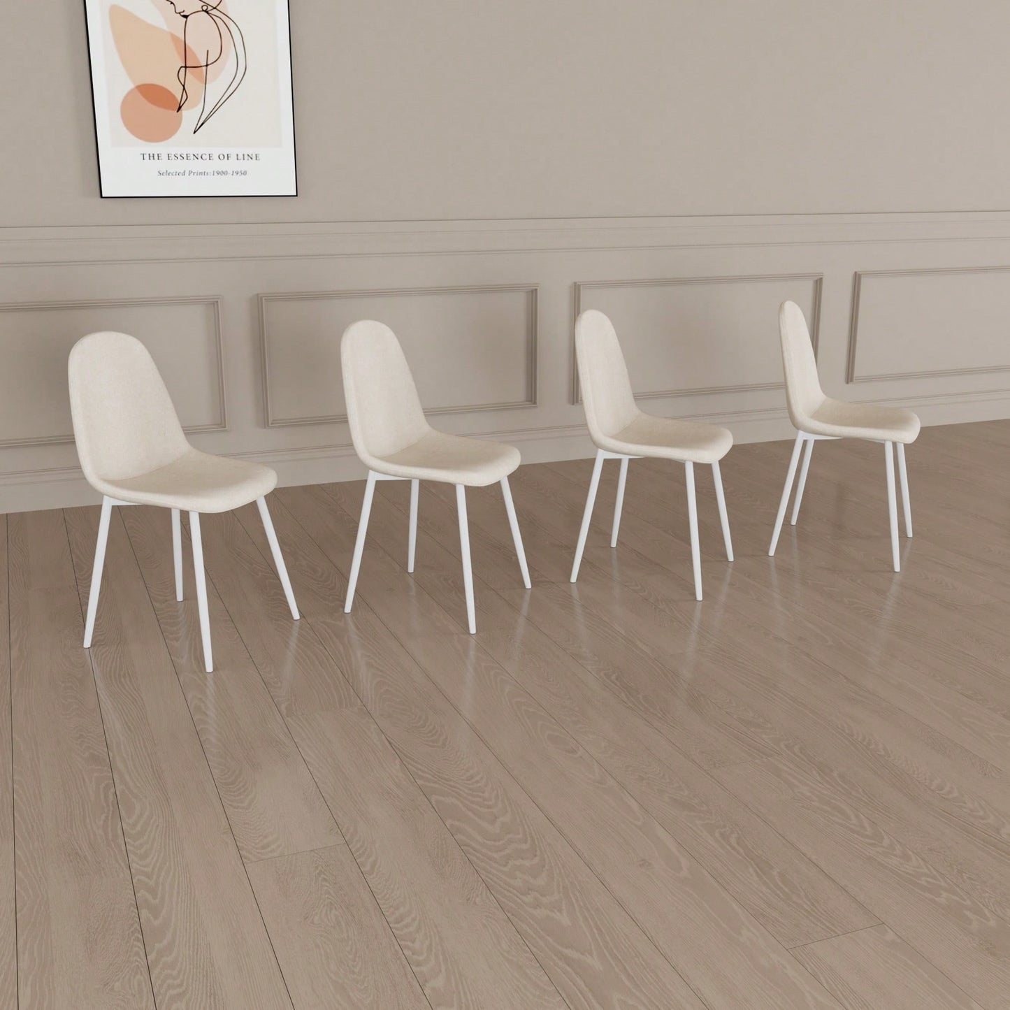 Set Of 4 Modern Linen Upholstered Dining Chairs With Spoon Shape Design And White Metal Legs For Stylish Kitchen And Dining Room (Beige)