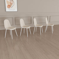 Set Of 4 Modern Linen Upholstered Dining Chairs With Spoon Shape Design And White Metal Legs For Stylish Kitchen And Dining Room (Beige)