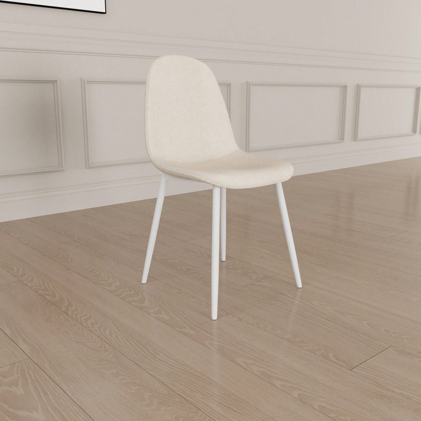 Set Of 4 Modern Linen Upholstered Dining Chairs With Spoon Shape Design And White Metal Legs For Stylish Kitchen And Dining Room (Beige)