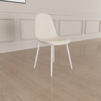 Set Of 4 Modern Linen Upholstered Dining Chairs With Spoon Shape Design And White Metal Legs For Stylish Kitchen And Dining Room (Beige)