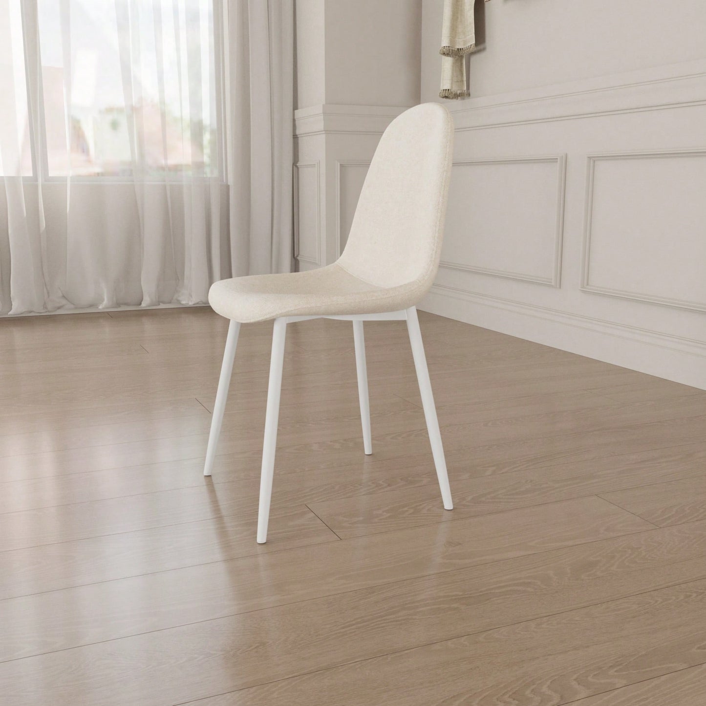 Set Of 4 Modern Linen Upholstered Dining Chairs With Spoon Shape Design And White Metal Legs For Stylish Kitchen And Dining Room (Beige)