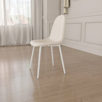 Set Of 4 Modern Linen Upholstered Dining Chairs With Spoon Shape Design And White Metal Legs For Stylish Kitchen And Dining Room (Beige)