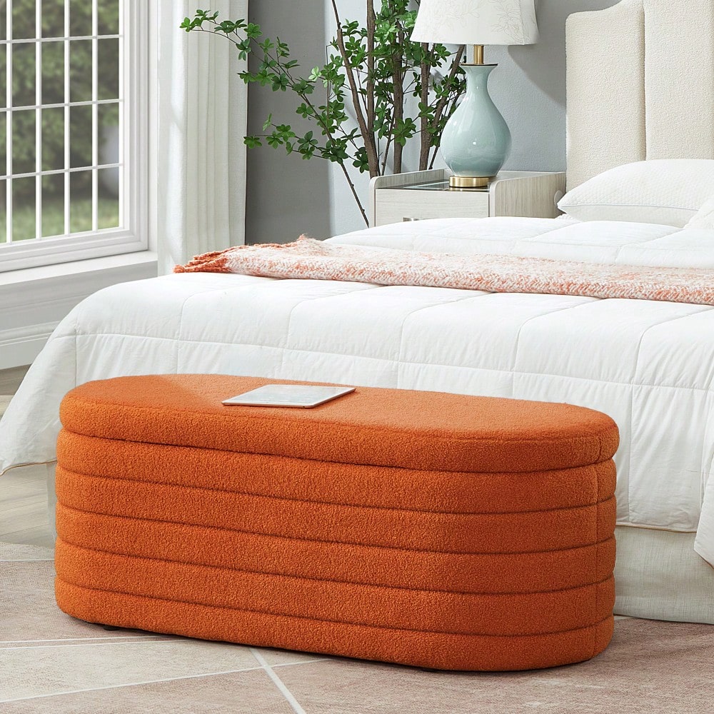 Vibrant Orange Boucle Teddy Fabric Oval Storage Ottoman Bench for Living Room Bedroom Entryway with Safety Hinge