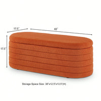 Vibrant Orange Boucle Teddy Fabric Oval Storage Ottoman Bench for Living Room Bedroom Entryway with Safety Hinge