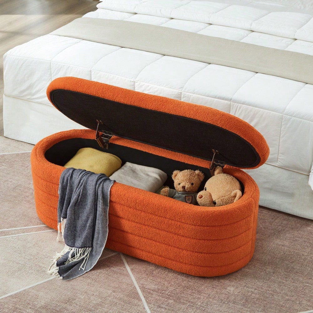 Vibrant Orange Boucle Teddy Fabric Oval Storage Ottoman Bench for Living Room Bedroom Entryway with Safety Hinge