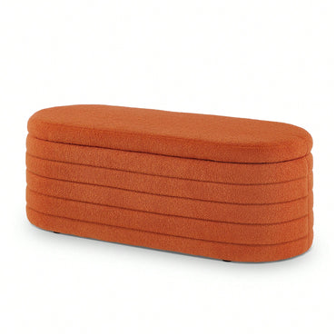 Vibrant Orange Boucle Teddy Fabric Oval Storage Ottoman Bench for Living Room Bedroom Entryway with Safety Hinge