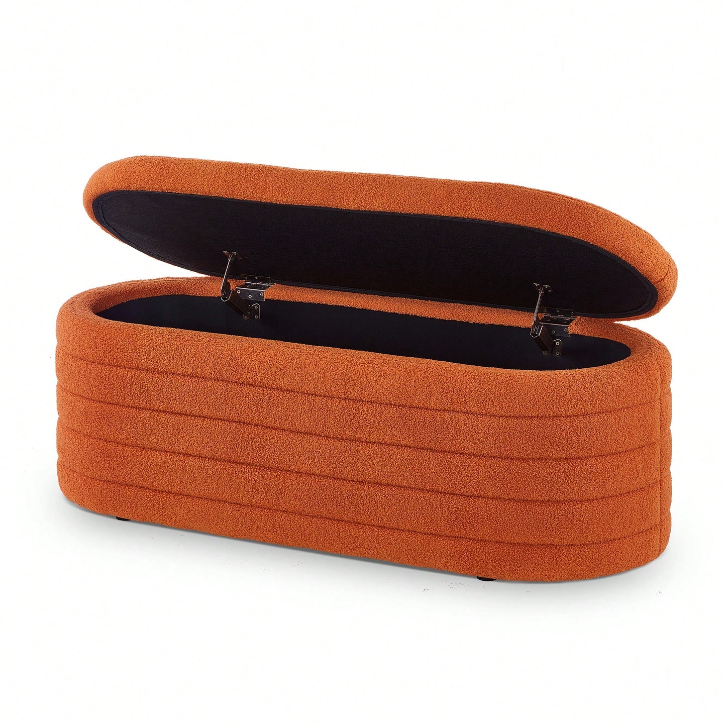 Vibrant Orange Boucle Teddy Fabric Oval Storage Ottoman Bench for Living Room Bedroom Entryway with Safety Hinge