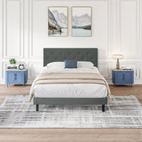 Stylish Grey Linen Twin Size Upholstered Platform Bed Frame with Tufted Headboard and Wood Slats No Box Spring Needed