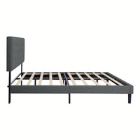 Stylish Grey Linen Twin Size Upholstered Platform Bed Frame with Tufted Headboard and Wood Slats No Box Spring Needed