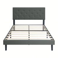 Stylish Grey Linen Twin Size Upholstered Platform Bed Frame with Tufted Headboard and Wood Slats No Box Spring Needed