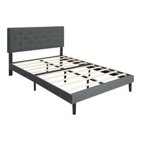 Stylish Grey Linen Twin Size Upholstered Platform Bed Frame with Tufted Headboard and Wood Slats No Box Spring Needed