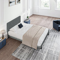 Stylish Grey Linen Twin Size Upholstered Platform Bed Frame with Tufted Headboard and Wood Slats No Box Spring Needed