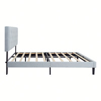 Stylish Grey Linen Twin Size Upholstered Platform Bed Frame with Tufted Headboard and Wood Slats No Box Spring Needed