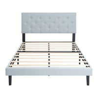Stylish Grey Linen Twin Size Upholstered Platform Bed Frame with Tufted Headboard and Wood Slats No Box Spring Needed