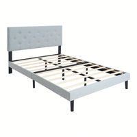 Stylish Grey Linen Twin Size Upholstered Platform Bed Frame with Tufted Headboard and Wood Slats No Box Spring Needed
